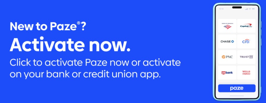 Paze activation banner. New to Paze? Activate now, with partner bank logos on a phone.